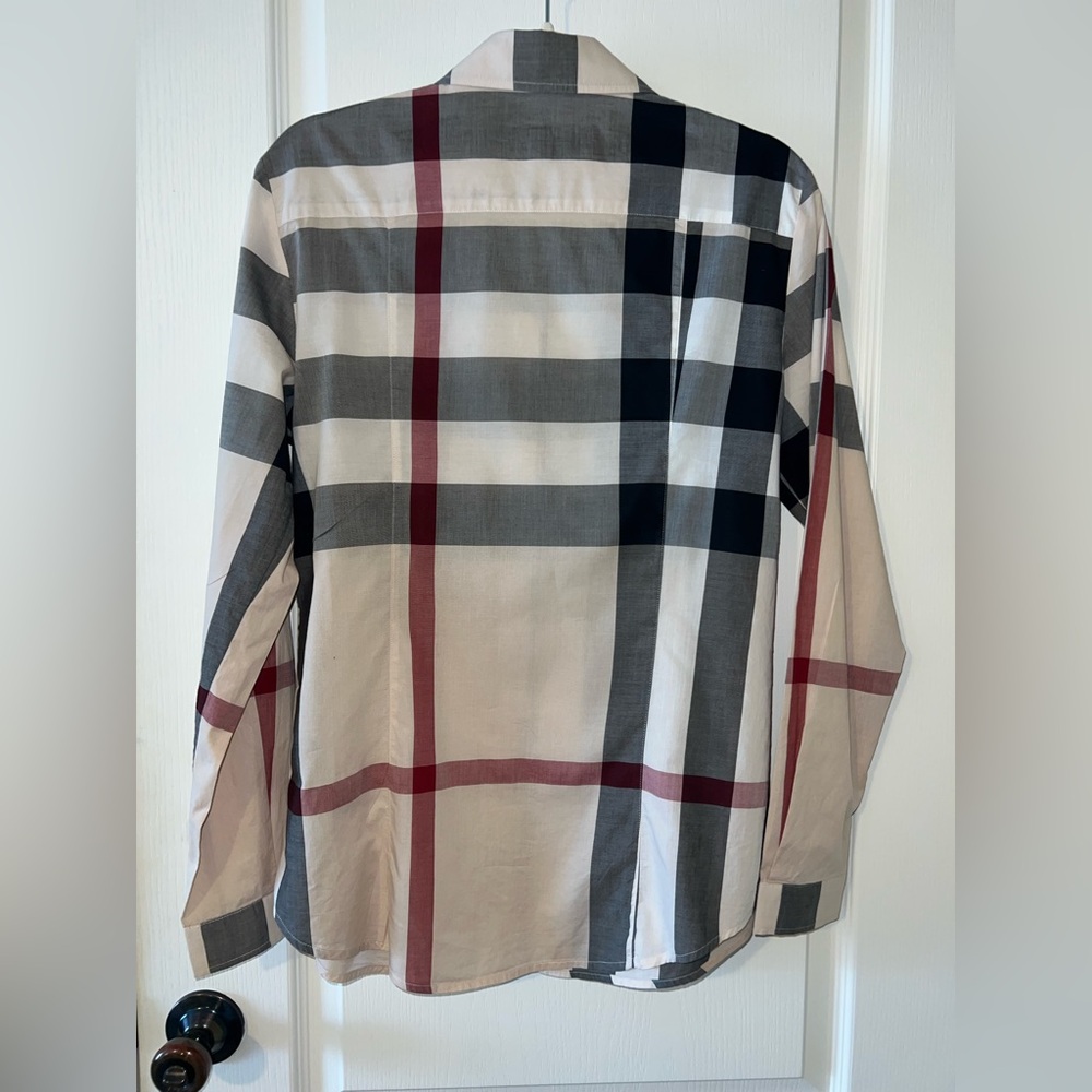 Excellent Burberry Women's Check Button-Down Shirt in White, Gray & Burgundy - Picture 4 of 9